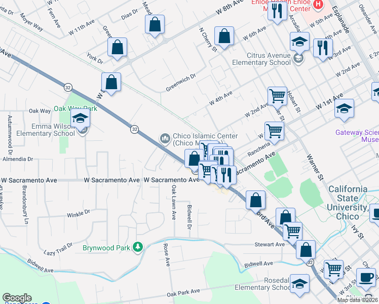 map of restaurants, bars, coffee shops, grocery stores, and more near 1114 Nord Avenue in Chico