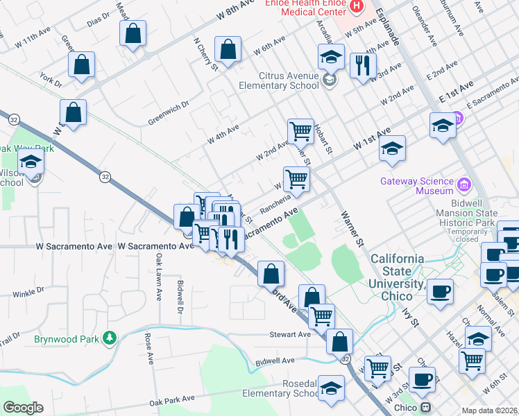 map of restaurants, bars, coffee shops, grocery stores, and more near 814 Rancheria Drive in Chico