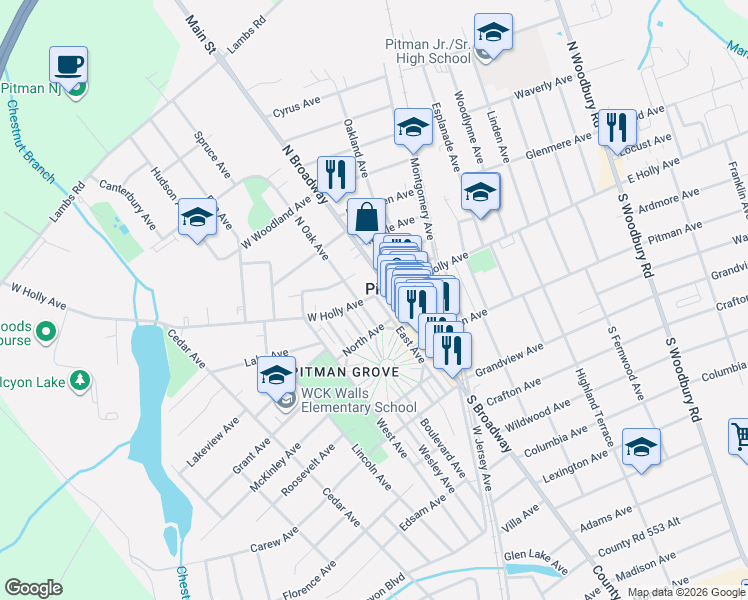 map of restaurants, bars, coffee shops, grocery stores, and more near in Pitman