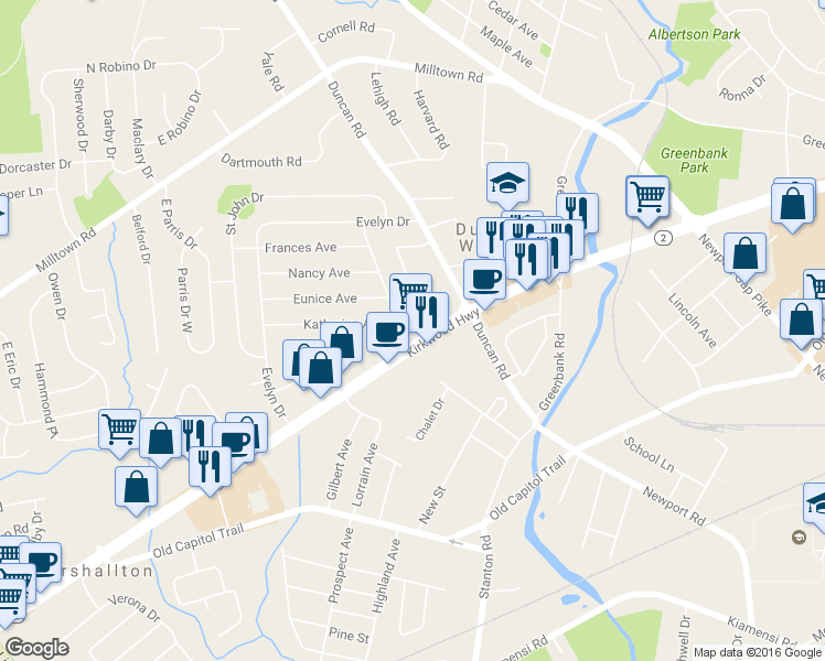 map of restaurants, bars, coffee shops, grocery stores, and more near 3731 Kirkwood Hwy in Wilmington