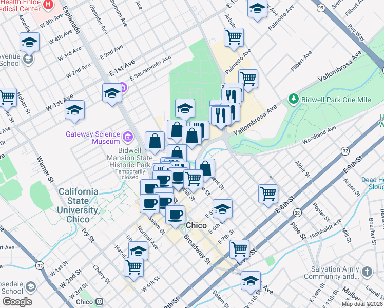 map of restaurants, bars, coffee shops, grocery stores, and more near 250 Vallombrosa Avenue in Chico