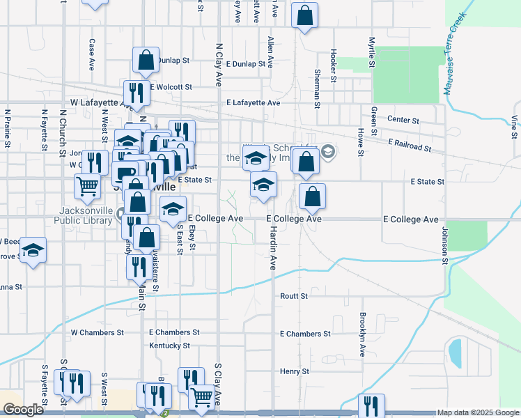 map of restaurants, bars, coffee shops, grocery stores, and more near 500 East College Avenue in Jacksonville