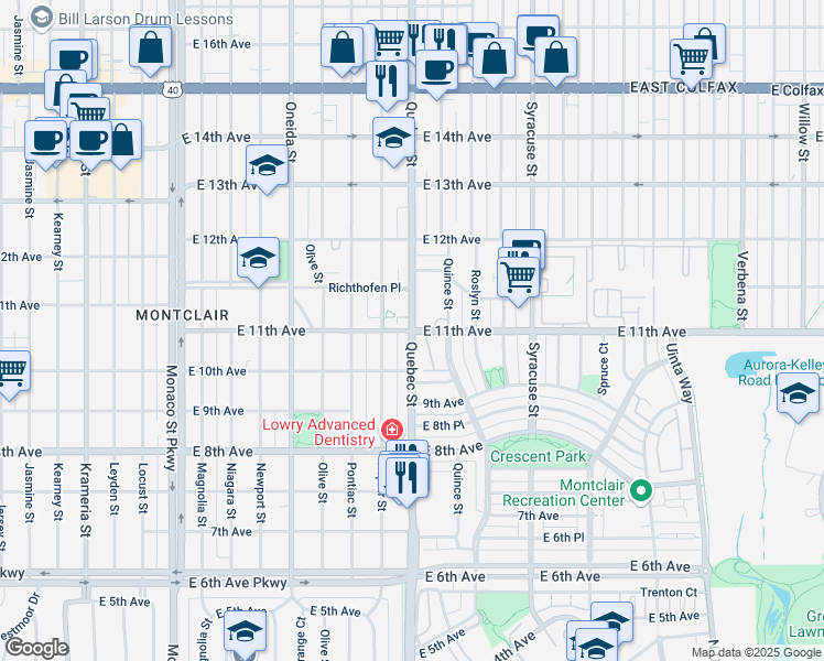 map of restaurants, bars, coffee shops, grocery stores, and more near Quebec Street & East 11th Avenue in Denver