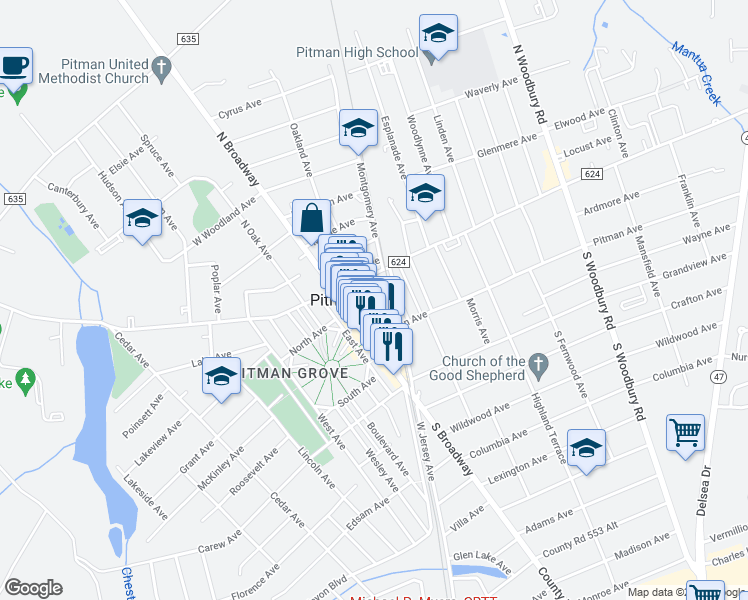 map of restaurants, bars, coffee shops, grocery stores, and more near 7 Simpson Avenue in Pitman