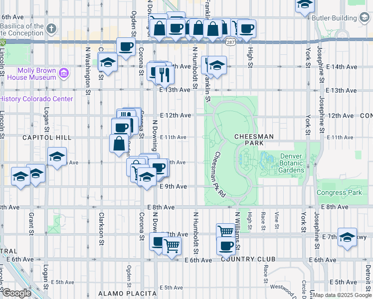 map of restaurants, bars, coffee shops, grocery stores, and more near 1061 Humboldt Street in Denver