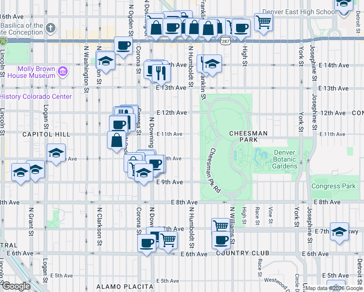 map of restaurants, bars, coffee shops, grocery stores, and more near 1061 Humboldt Street in Denver