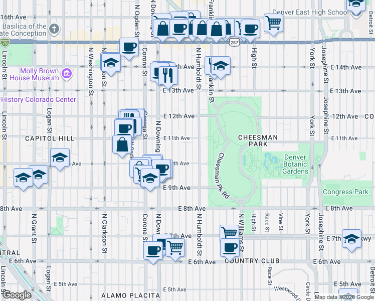 map of restaurants, bars, coffee shops, grocery stores, and more near 1061 Humboldt Street in Denver