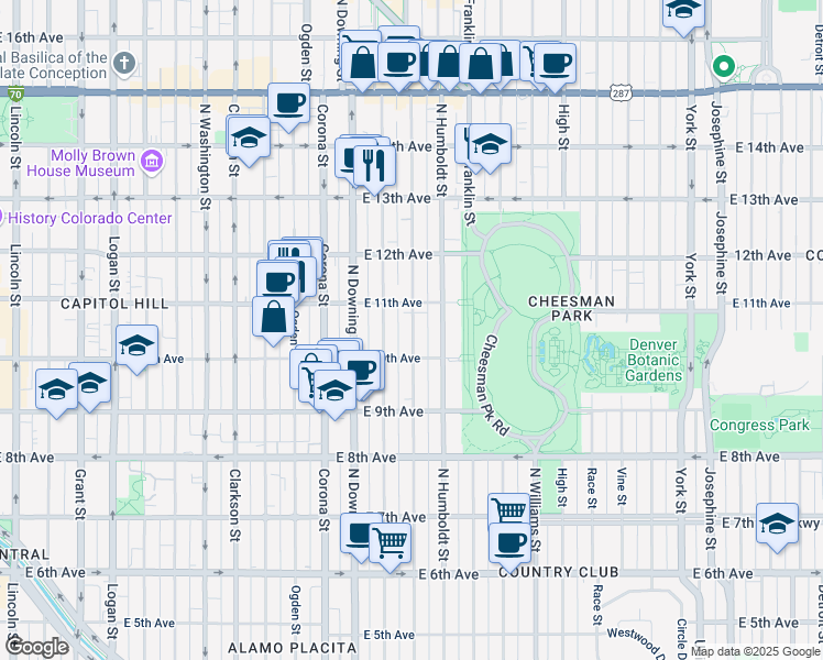 map of restaurants, bars, coffee shops, grocery stores, and more near 1061 Humboldt Street in Denver