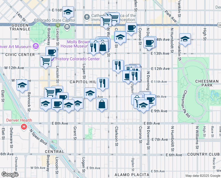 map of restaurants, bars, coffee shops, grocery stores, and more near 1075 North Washington Street in Denver