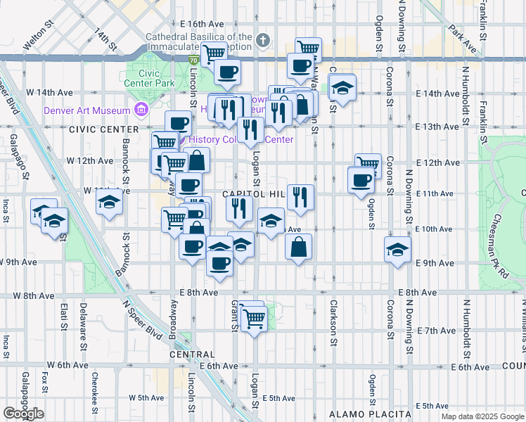 map of restaurants, bars, coffee shops, grocery stores, and more near in Denver
