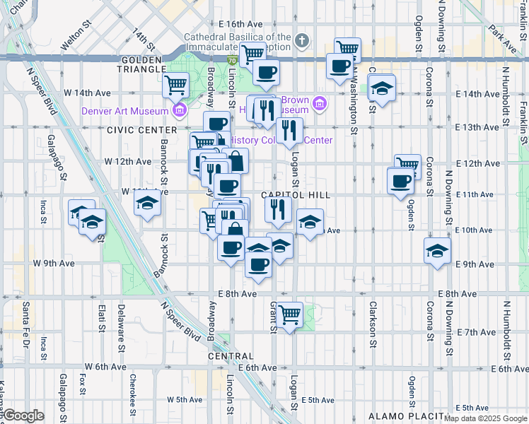 map of restaurants, bars, coffee shops, grocery stores, and more near 1100 Grant Street in Denver