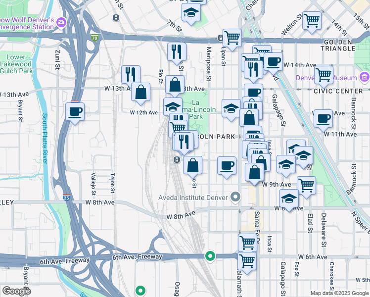 map of restaurants, bars, coffee shops, grocery stores, and more near 1342 West 11th Avenue in Denver