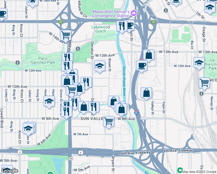 map of restaurants, bars, coffee shops, grocery stores, and more near in Denver