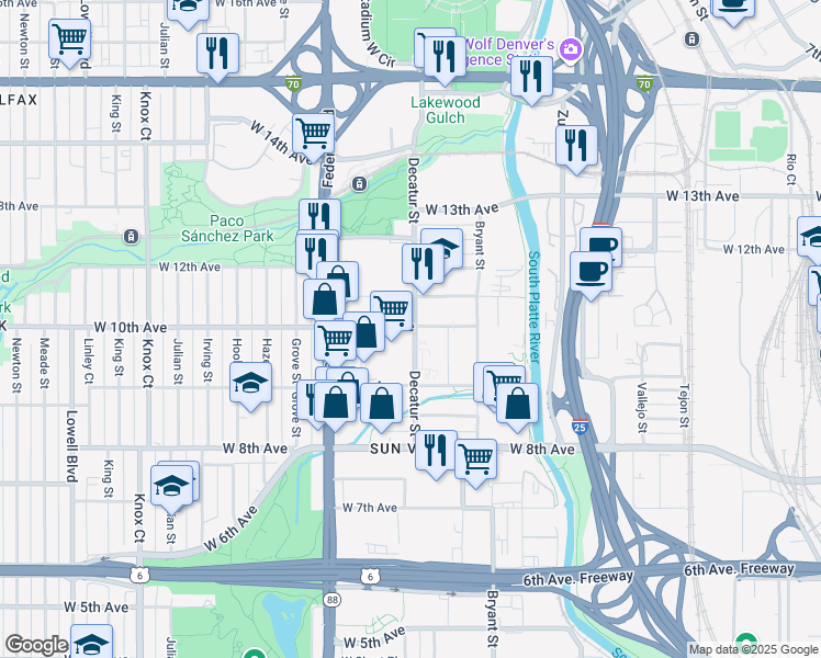 map of restaurants, bars, coffee shops, grocery stores, and more near 2837 West 10th Avenue in Denver