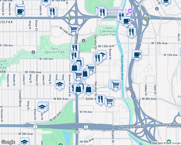 map of restaurants, bars, coffee shops, grocery stores, and more near 2837 West 10th Avenue in Denver