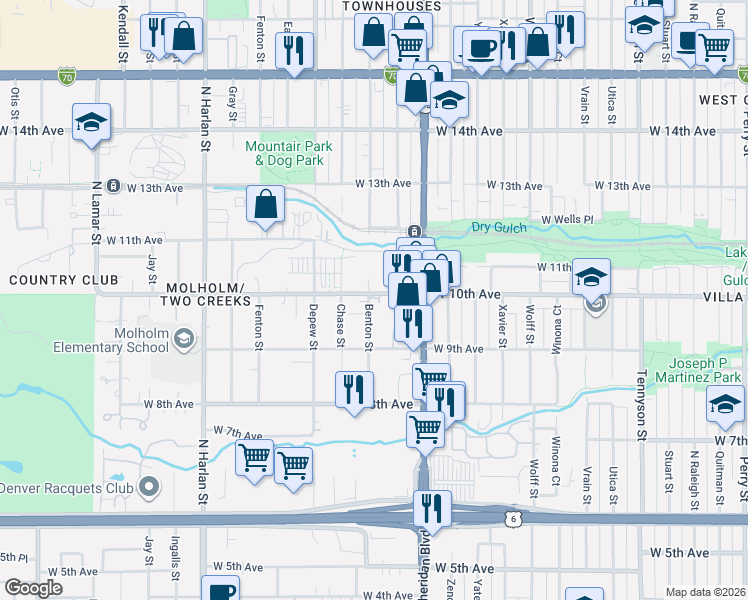 map of restaurants, bars, coffee shops, grocery stores, and more near 5375 West 10th Avenue in Denver