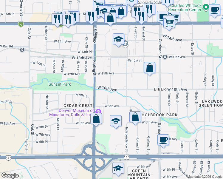 map of restaurants, bars, coffee shops, grocery stores, and more near 1010 Pikeview Street in Lakewood