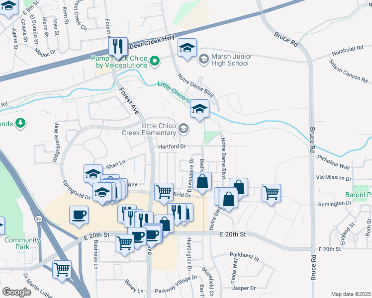 map of restaurants, bars, coffee shops, grocery stores, and more near 2090 Amanda Way in Chico