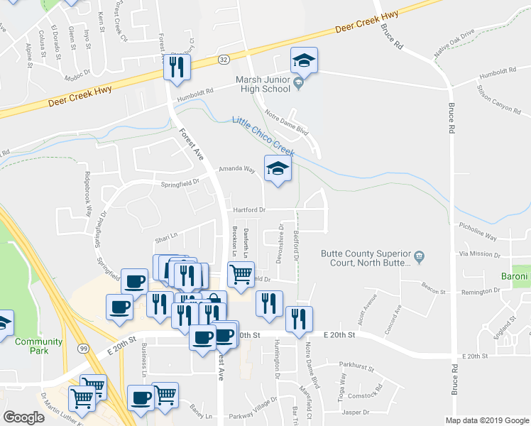 map of restaurants, bars, coffee shops, grocery stores, and more near 2090 Amanda Way in Chico
