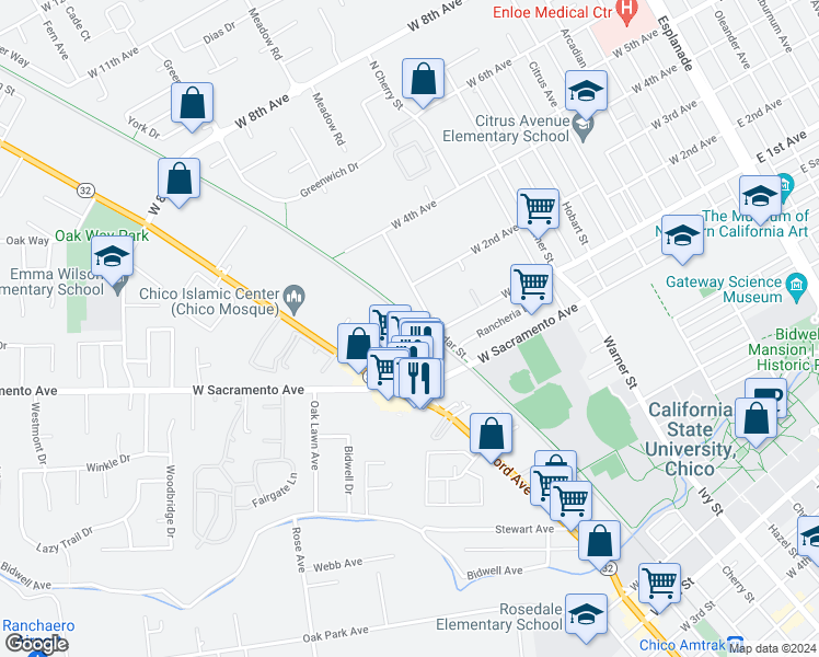 map of restaurants, bars, coffee shops, grocery stores, and more near 1127 North Cedar Street in Chico