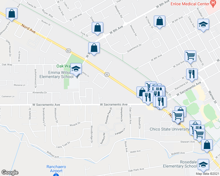 map of restaurants, bars, coffee shops, grocery stores, and more near 1521 Nord Avenue in Chico