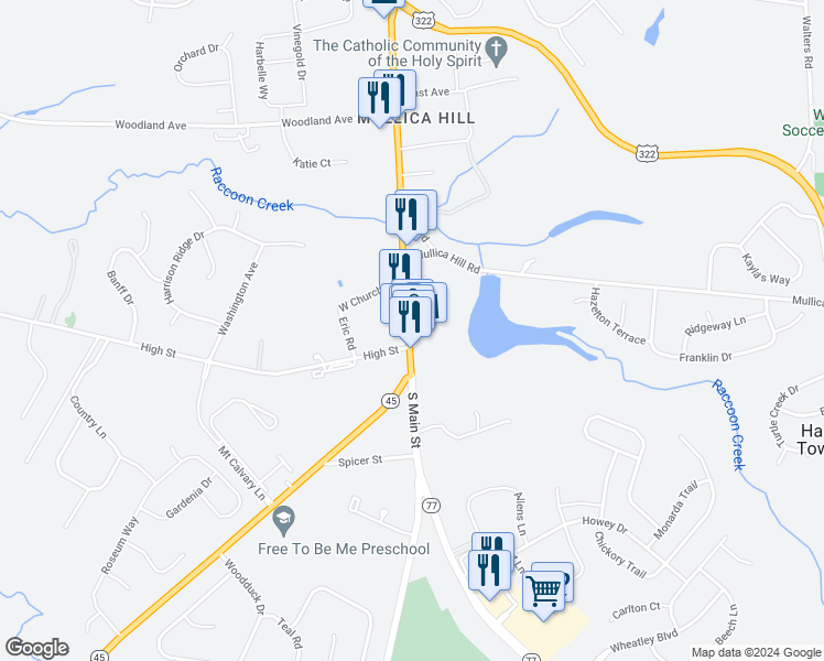 map of restaurants, bars, coffee shops, grocery stores, and more near 25 South Main Street in Gloucester County