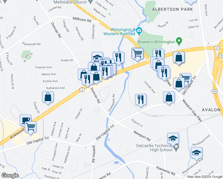 map of restaurants, bars, coffee shops, grocery stores, and more near 2158 Grafton Drive in Wilmington