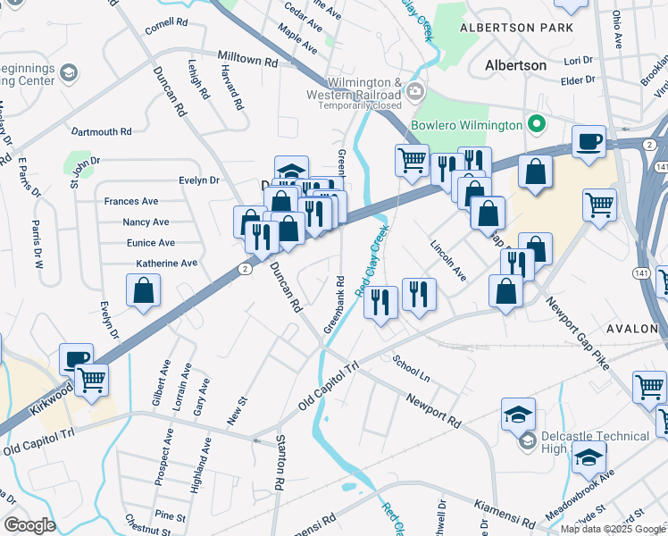 map of restaurants, bars, coffee shops, grocery stores, and more near 2158 Grafton Drive in Wilmington