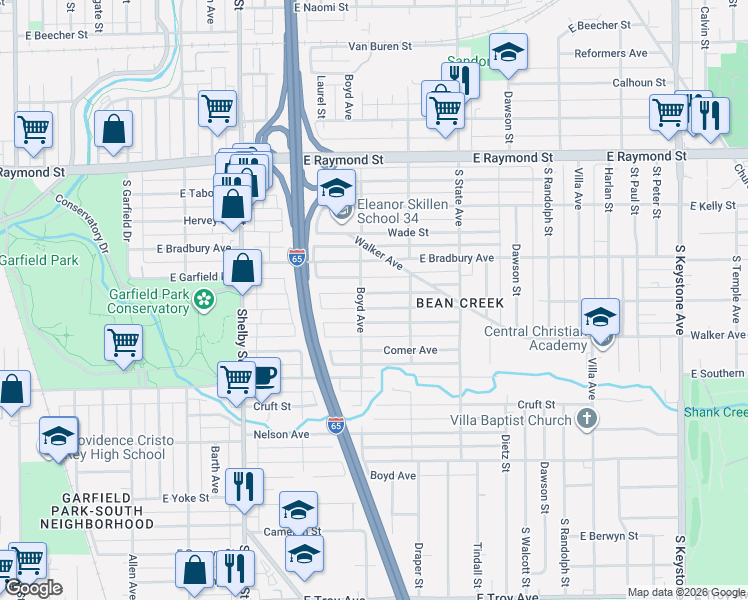 map of restaurants, bars, coffee shops, grocery stores, and more near 1502 Finley Avenue in Indianapolis