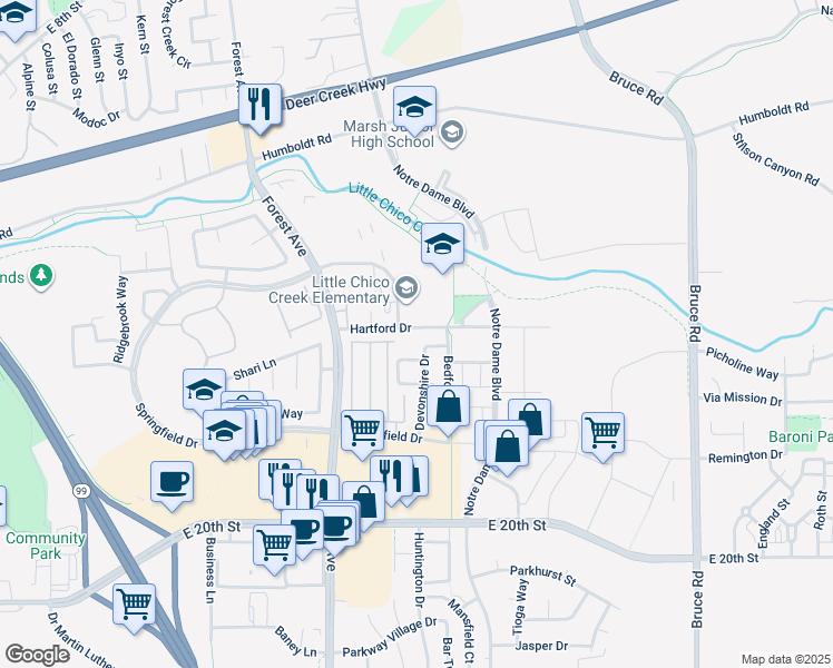map of restaurants, bars, coffee shops, grocery stores, and more near 2099 Hartford Drive in Chico