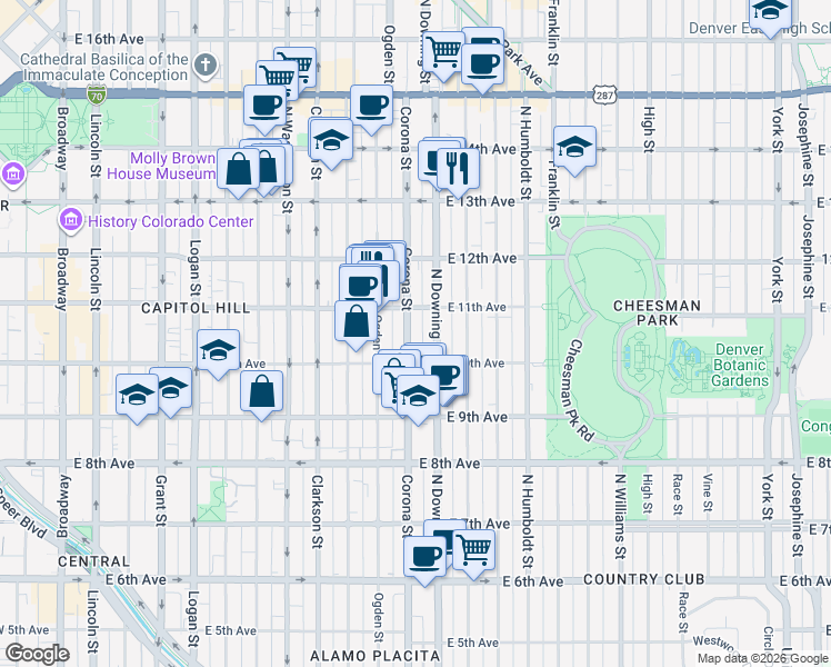 map of restaurants, bars, coffee shops, grocery stores, and more near in Denver