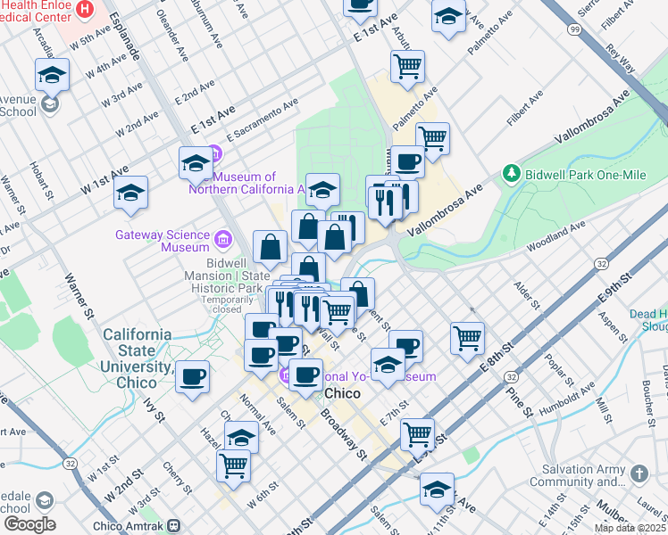 map of restaurants, bars, coffee shops, grocery stores, and more near 250 Vallombrosa Avenue in Chico