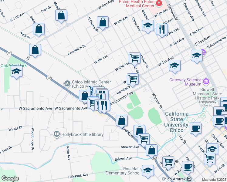 map of restaurants, bars, coffee shops, grocery stores, and more near 811 West 1st Avenue in Chico