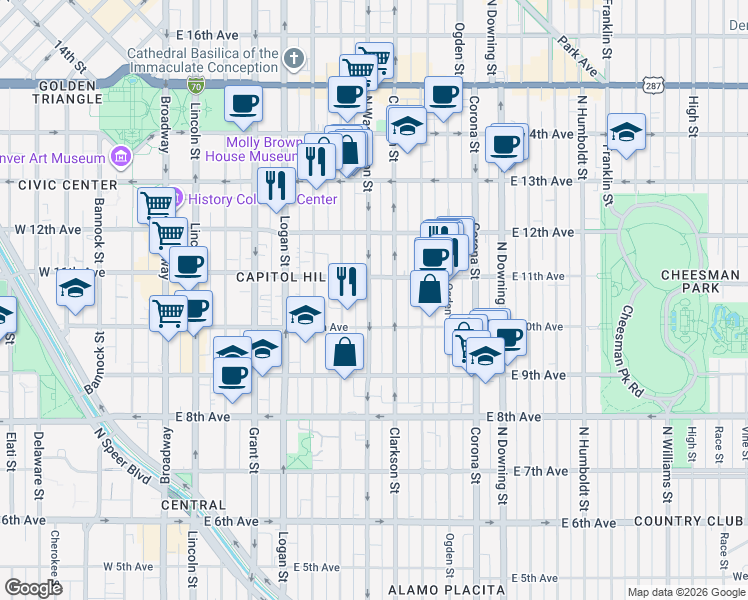 map of restaurants, bars, coffee shops, grocery stores, and more near 1075 North Washington Street in Denver
