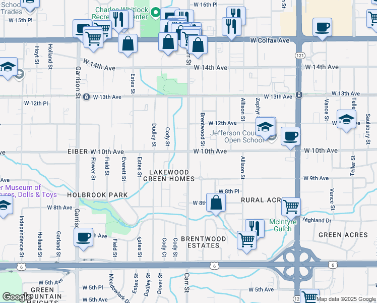 map of restaurants, bars, coffee shops, grocery stores, and more near W 10th Ave & Carr St in Lakewood