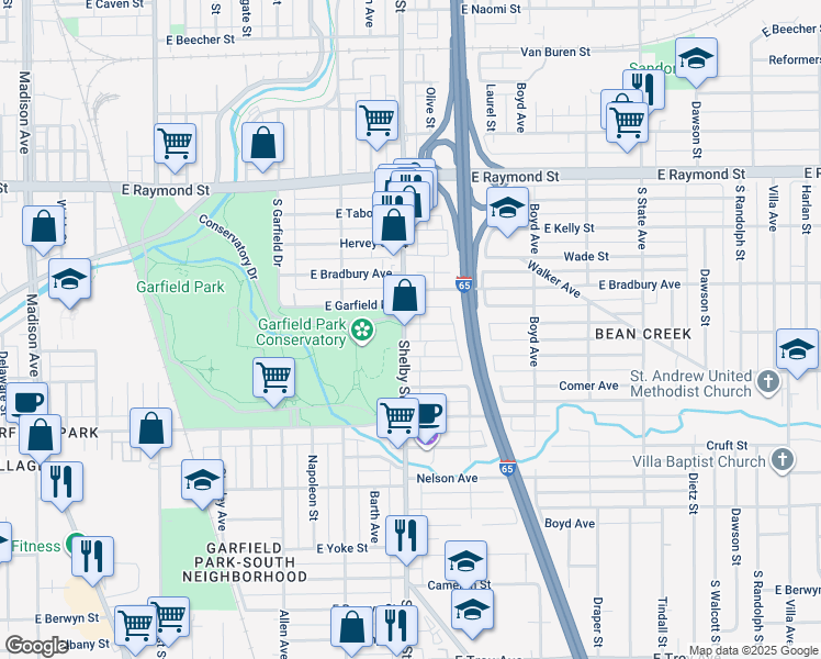 map of restaurants, bars, coffee shops, grocery stores, and more near 2435 Shelby Street in Indianapolis