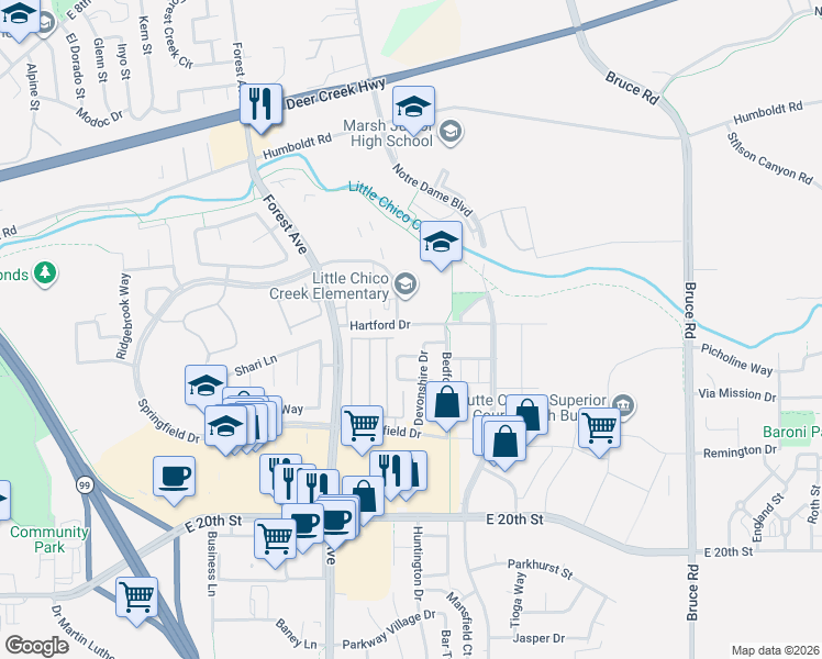 map of restaurants, bars, coffee shops, grocery stores, and more near 2099 Hartford Drive in Chico
