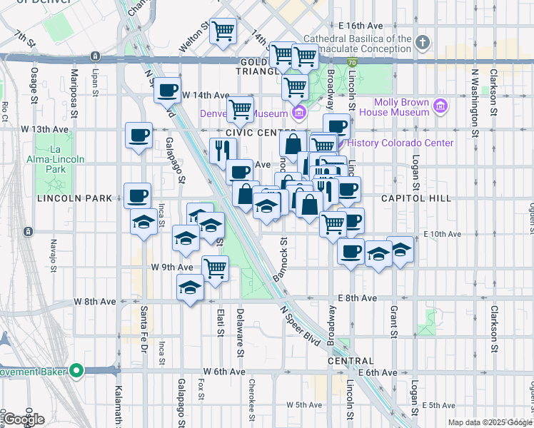 map of restaurants, bars, coffee shops, grocery stores, and more near in Denver