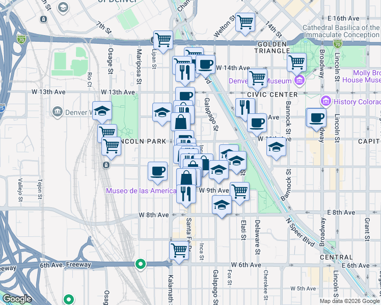 map of restaurants, bars, coffee shops, grocery stores, and more near 1040 Santa Fe Drive in Denver