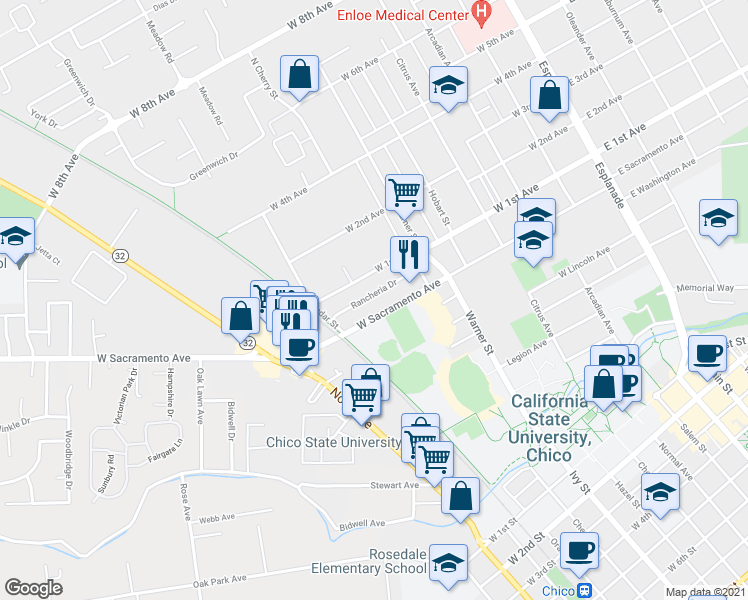 map of restaurants, bars, coffee shops, grocery stores, and more near 739 Rancheria Drive in Chico
