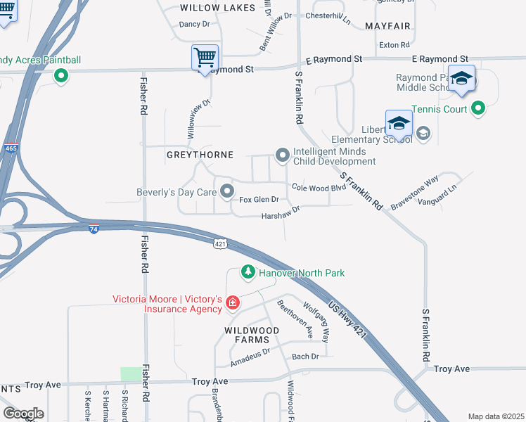 map of restaurants, bars, coffee shops, grocery stores, and more near 7850 Harshaw Drive in Indianapolis