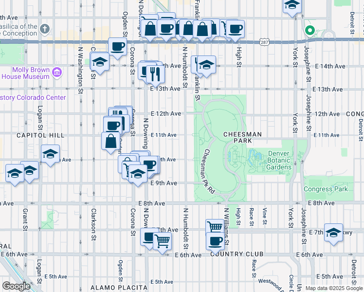 map of restaurants, bars, coffee shops, grocery stores, and more near 1061 Humboldt Street in Denver