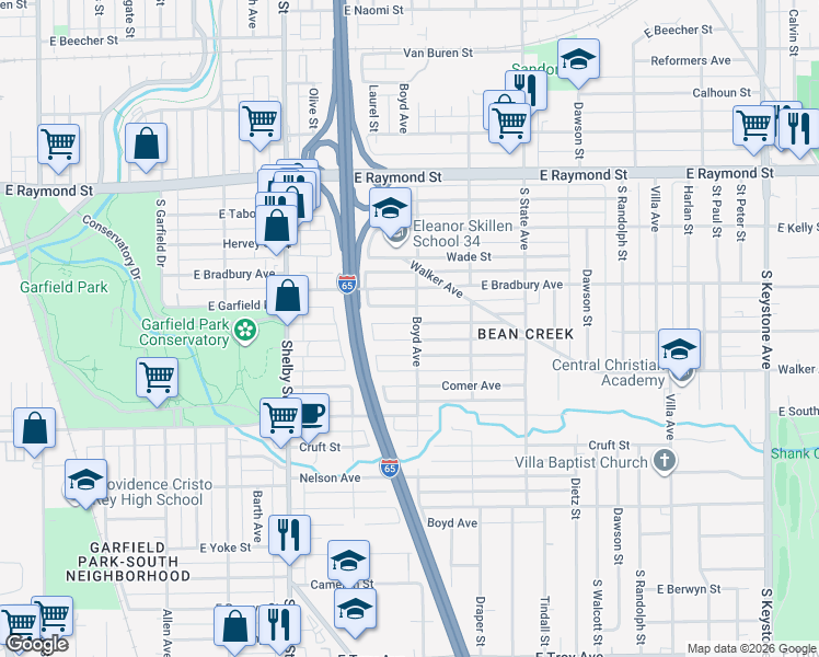 map of restaurants, bars, coffee shops, grocery stores, and more near 1502 Finley Avenue in Indianapolis