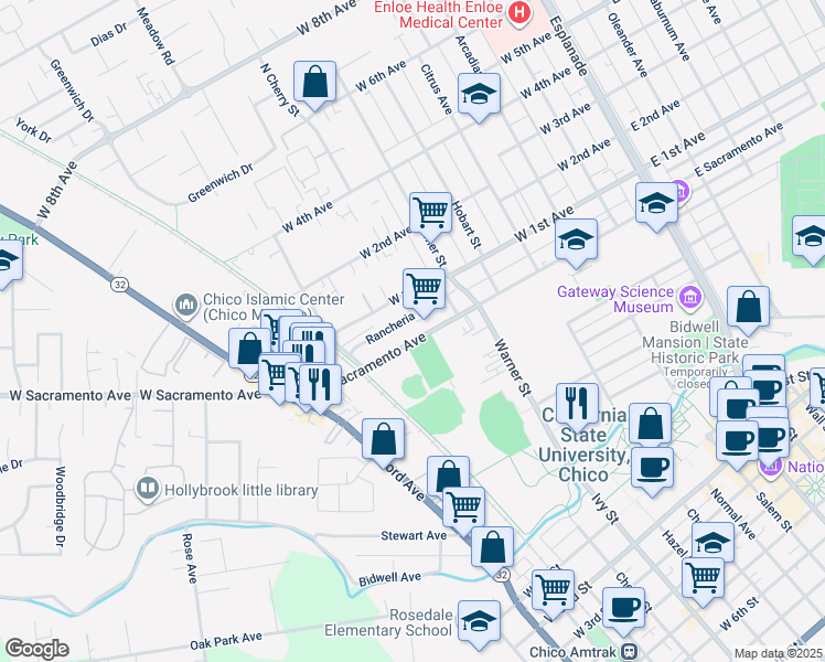 map of restaurants, bars, coffee shops, grocery stores, and more near 706 West Sacramento Avenue in Chico