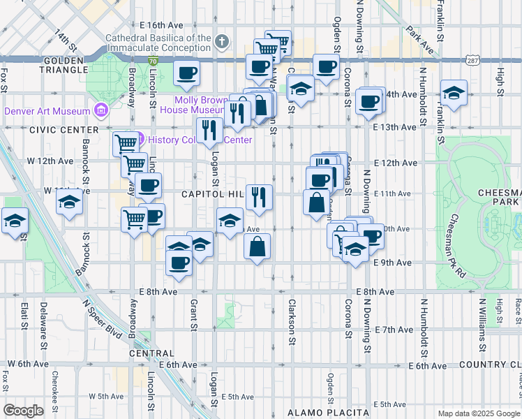 map of restaurants, bars, coffee shops, grocery stores, and more near 1075 North Washington Street in Denver