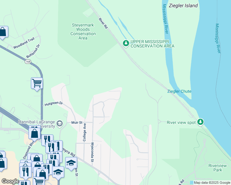 map of restaurants, bars, coffee shops, grocery stores, and more near 42 Holiday Drive in Hannibal