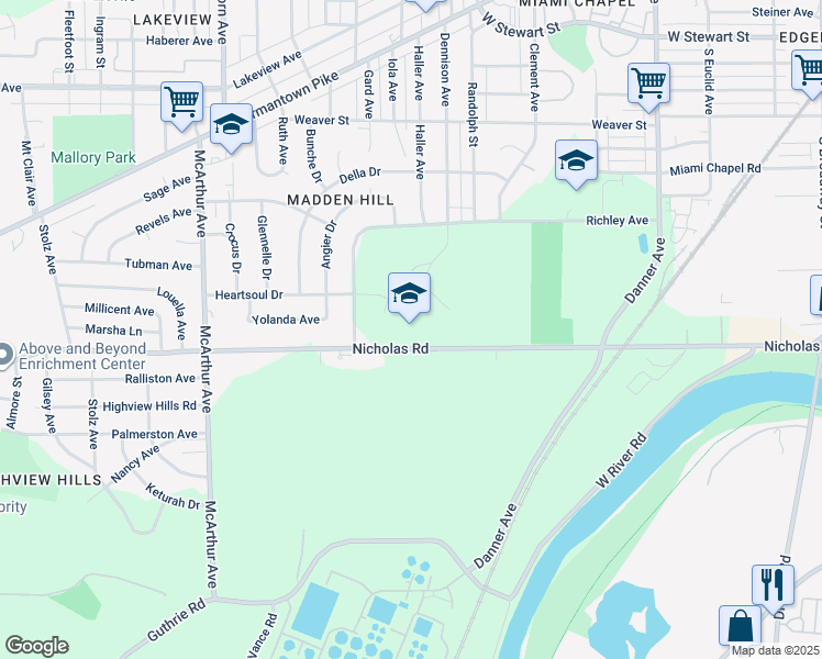 map of restaurants, bars, coffee shops, grocery stores, and more near 1400 Albritton Drive in Dayton