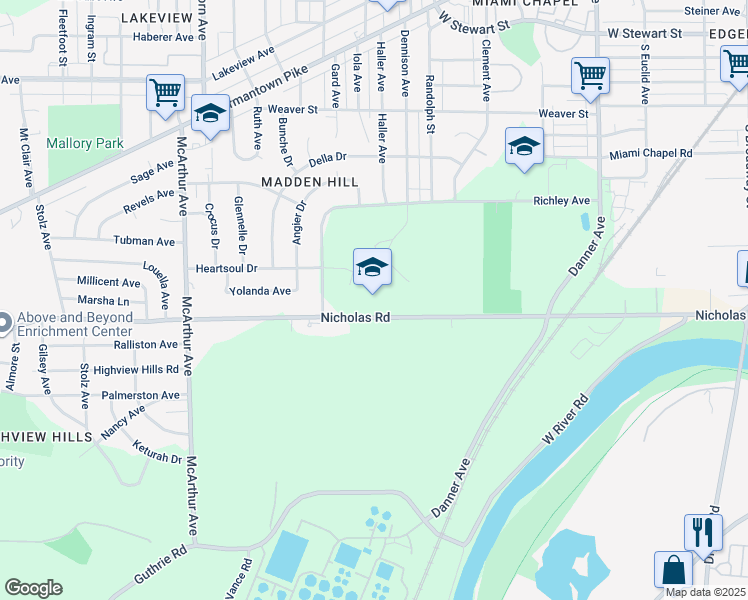 map of restaurants, bars, coffee shops, grocery stores, and more near 2107 Nicholas Road in Dayton