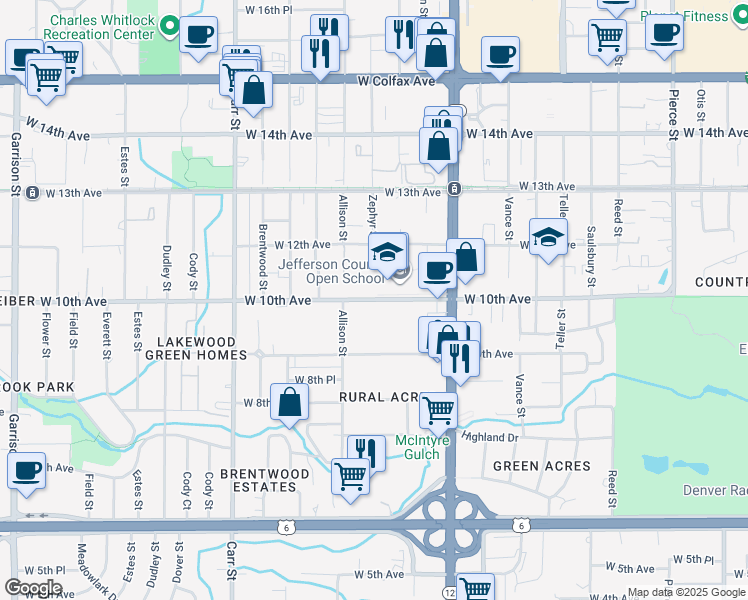 map of restaurants, bars, coffee shops, grocery stores, and more near 7830 West 10th Avenue in Lakewood