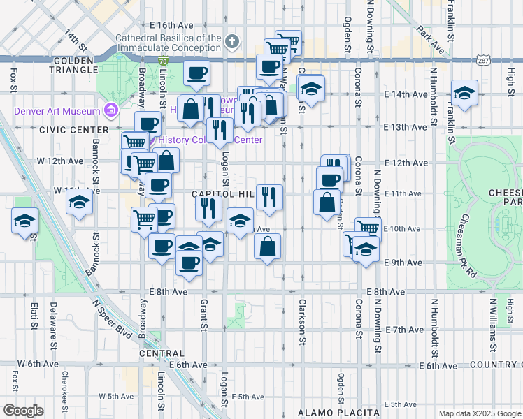 map of restaurants, bars, coffee shops, grocery stores, and more near 1035 Pearl Street in Denver